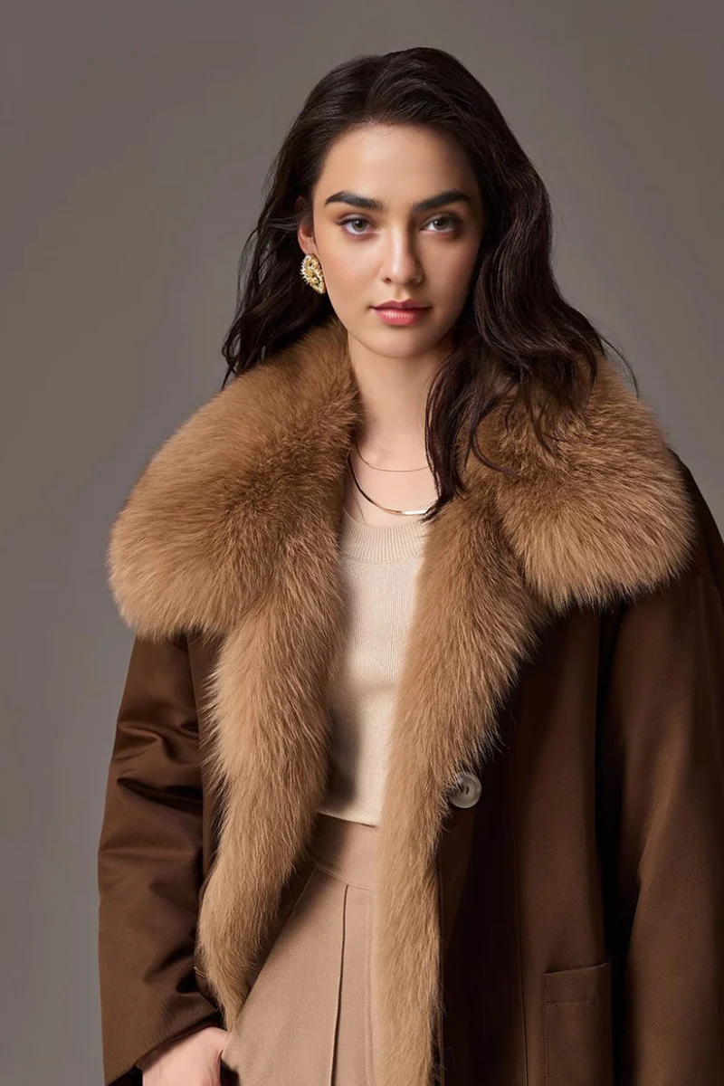 Rex Rabbit Fur Lined Shawl Collar Parka Coat with Detachable Fox Fur Collar - MIAOOOO