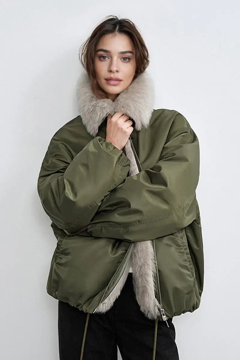 Oversized Water Repellent Bomber Puffer Coat with Toscana Shearling Collar - MIAOOOO