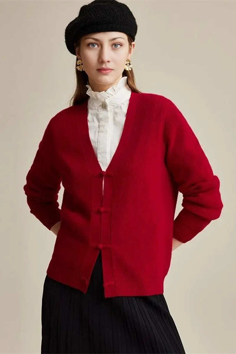 100 Wool V Neck Cardigan with Knot Button - MIAOOOO