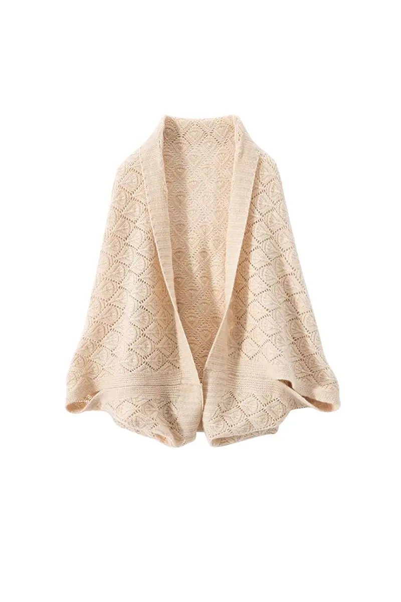 100 Cashmere Crochet Open-Front Poncho Sweater - MIAOOOO