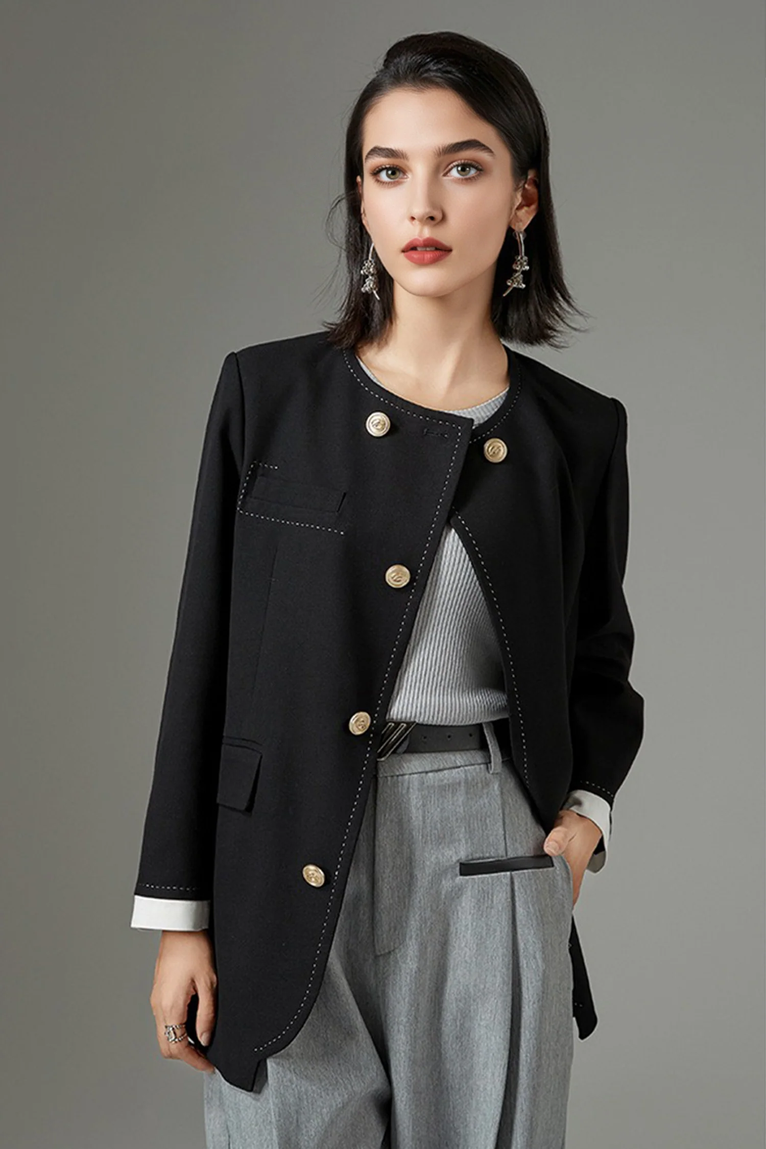 Asymmetric Collarless Wool-Blend Blazer Jacket - MIAOOOO