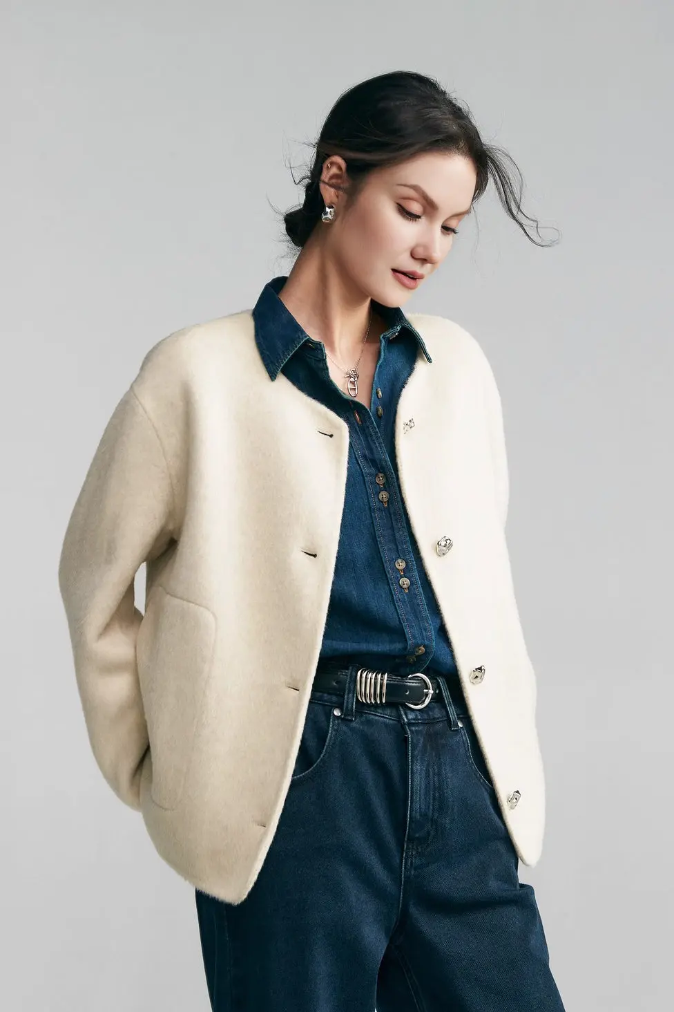 Silk Wool Blend Crewneck Cropped Jacket - MIAOOOO