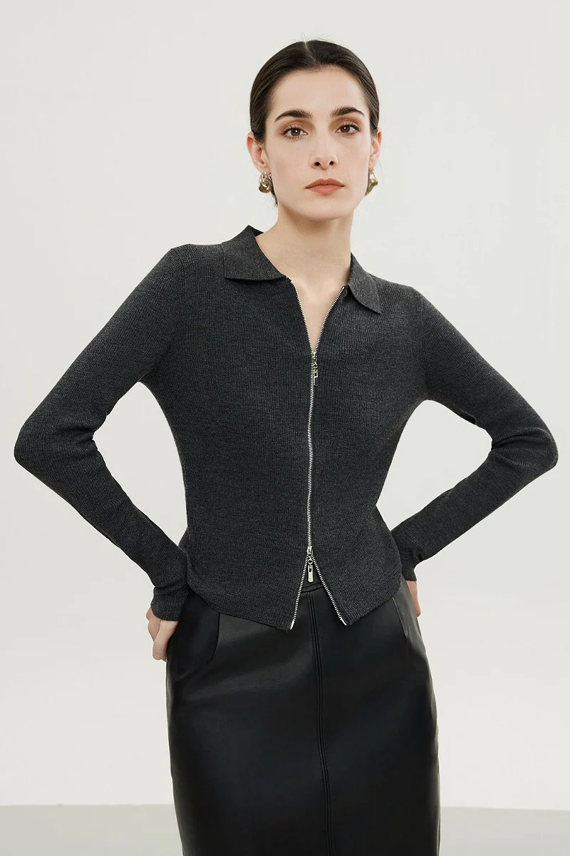 100 Merino Wool Cozy Cloud Double-Zip Cardigan With Collar - MIAOOOO