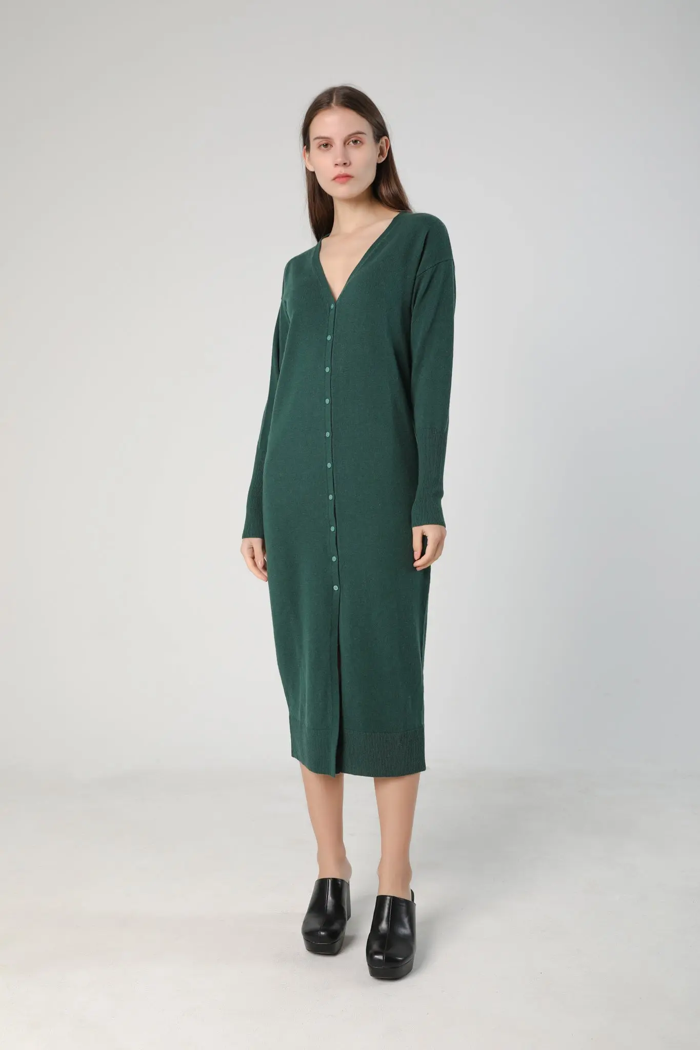 V-Neck Cardigan Sweater Dress in Merino Wool - MIAOOOO