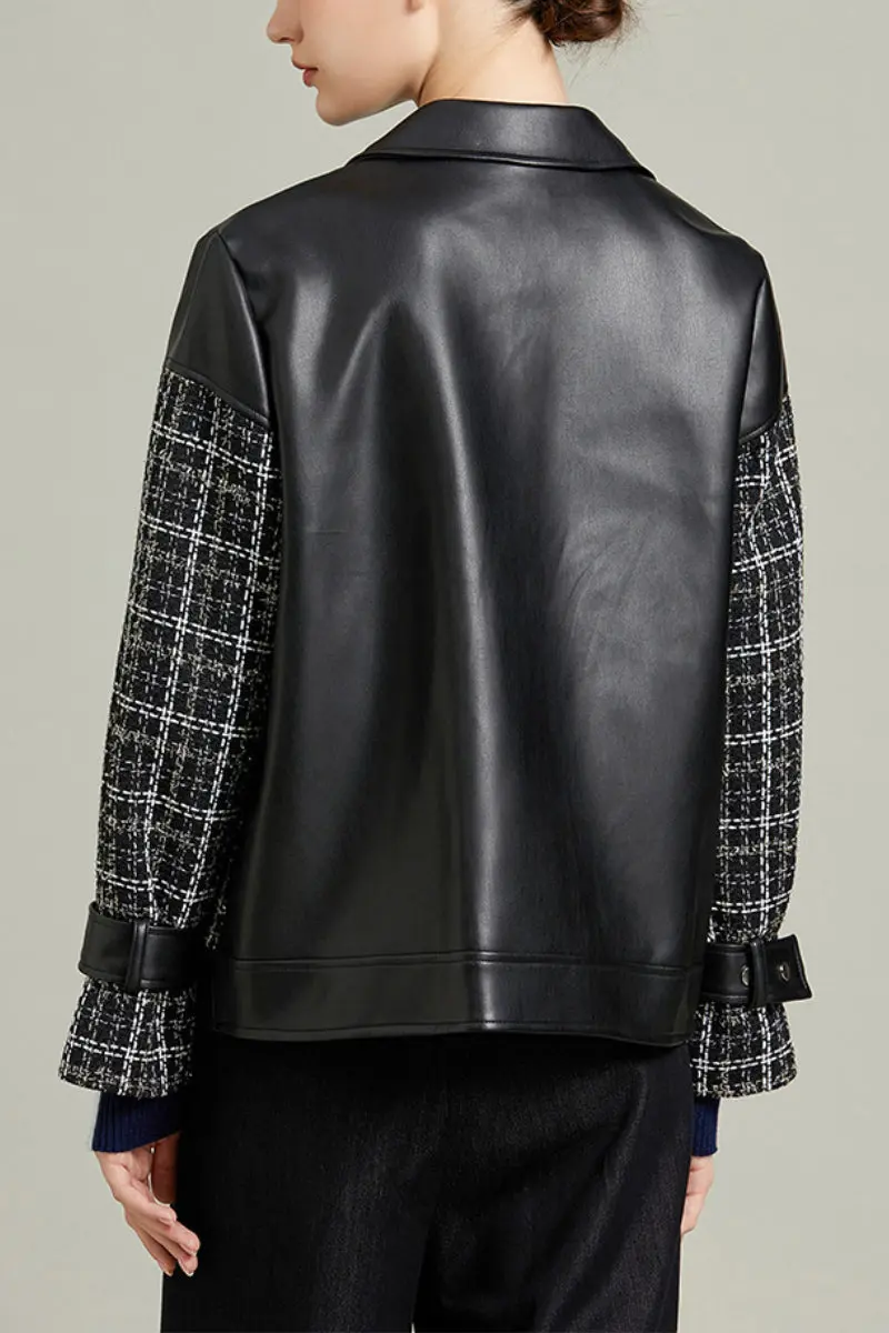 Faux Leather & Tweed Biker Jacket in Black - MIAOOOO