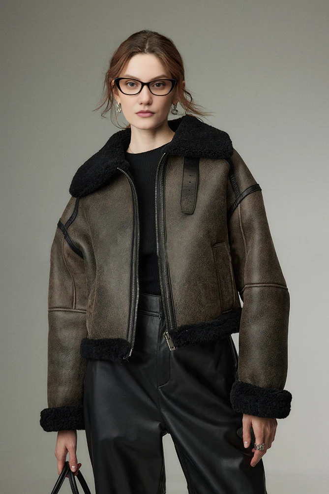 Distressed Shearling Collar Cropped Sheepskin Biker Jacket - MIAOOOO