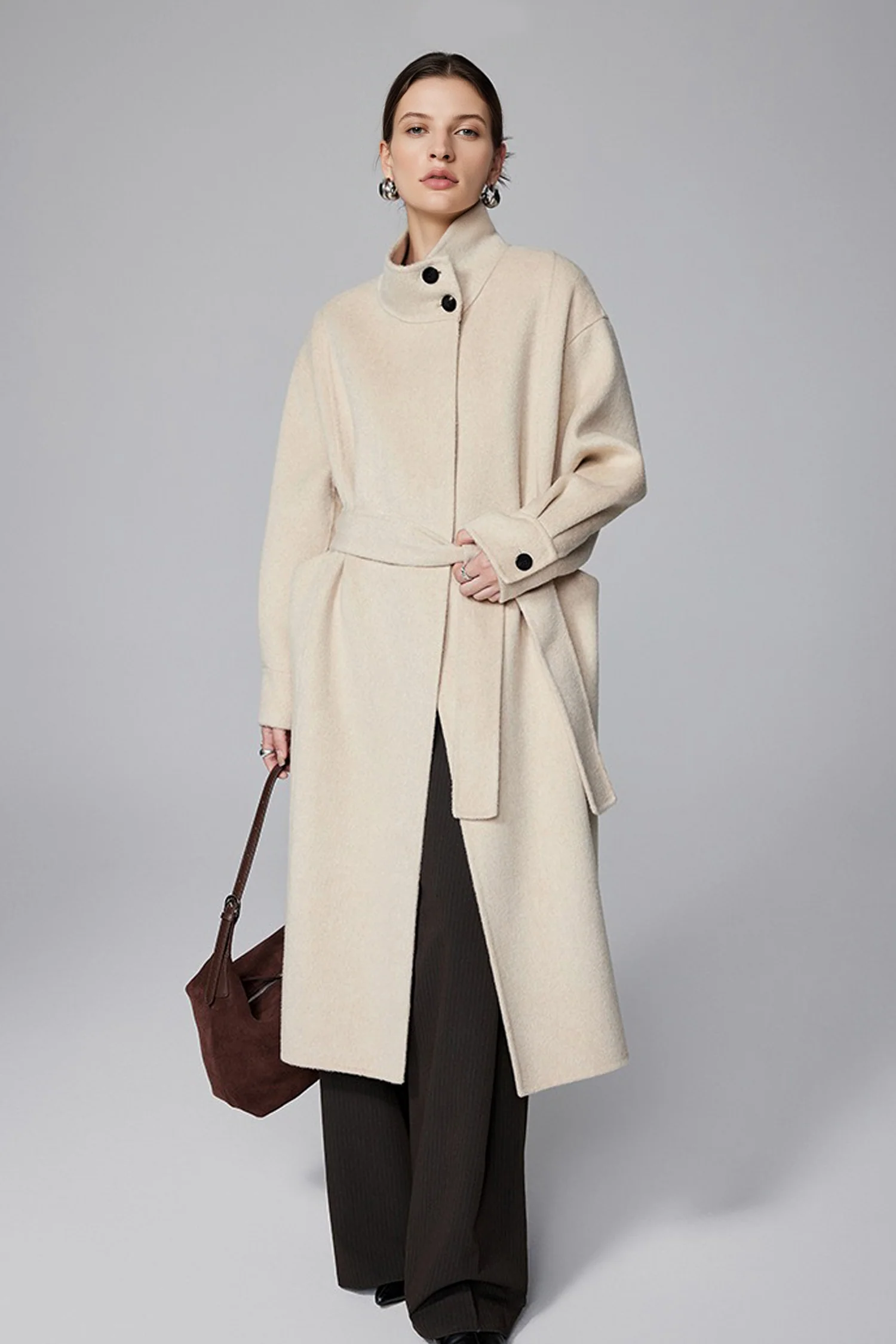 Double-Faced Wool-Cashmere Funnel Neck Belted Coat - MIAOOOO