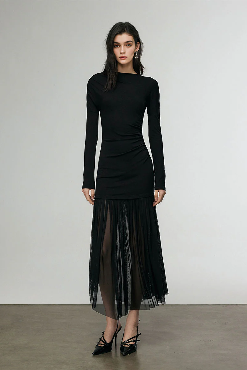 Asymmetric Draped Mesh Maxi Dress with Sleeves - MIAOOOO