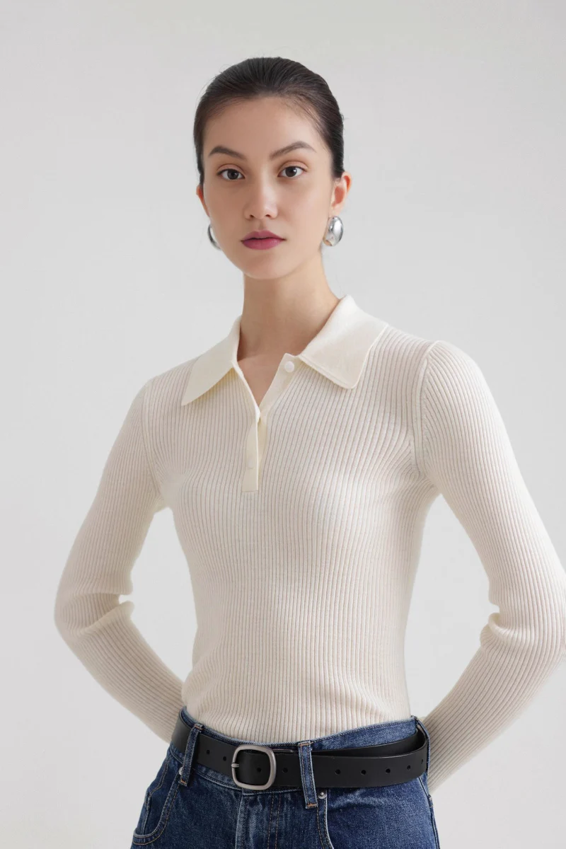 Washable Wool Rib Knit Long Sleeve Polo - MIAOOOO