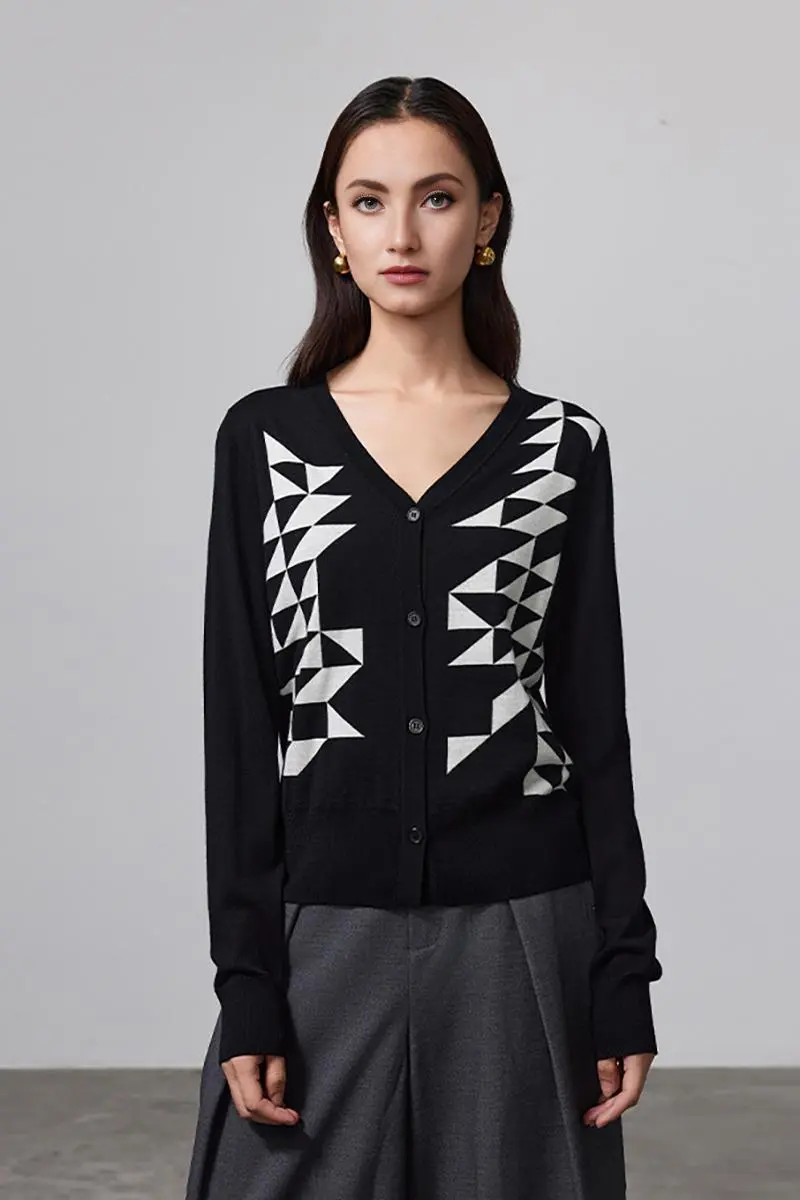 100 Merino Wool Geometric Patterned V Neck Cardigan - MIAOOOO