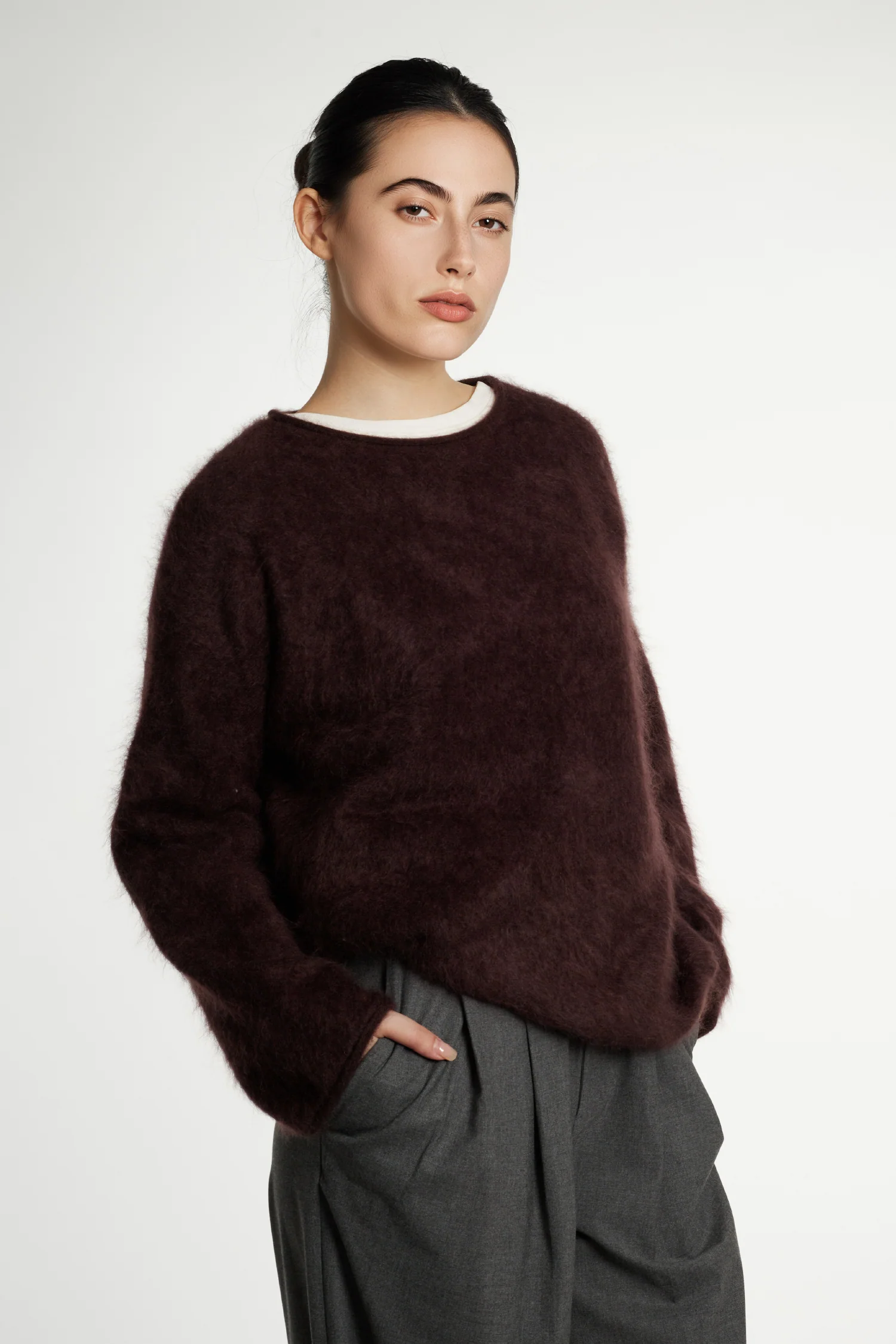 Cloud-Soft Brushed Cashmere Roll-Edge Boatneck Sweater - MIAOOOO
