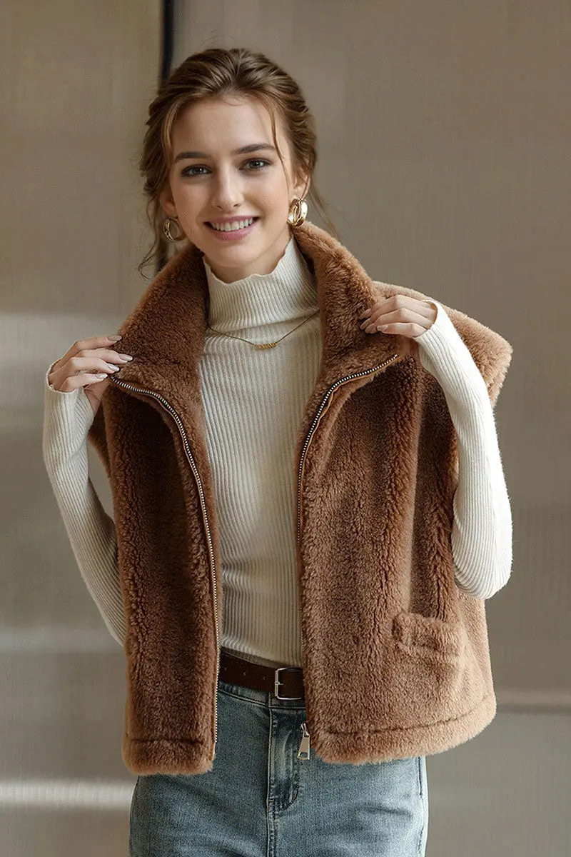 Cropped Faux Shearling Zip Up Teddy Wool Vest with Stand Collar - MIAOOOO