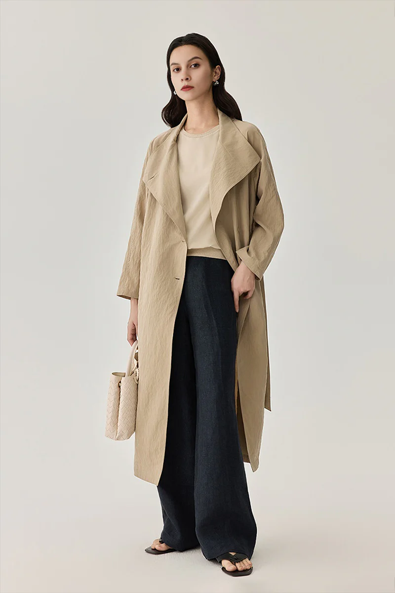 Textured Silk Asymmetric-Collar Belted Wrap Trench Coat - MIAOOOO