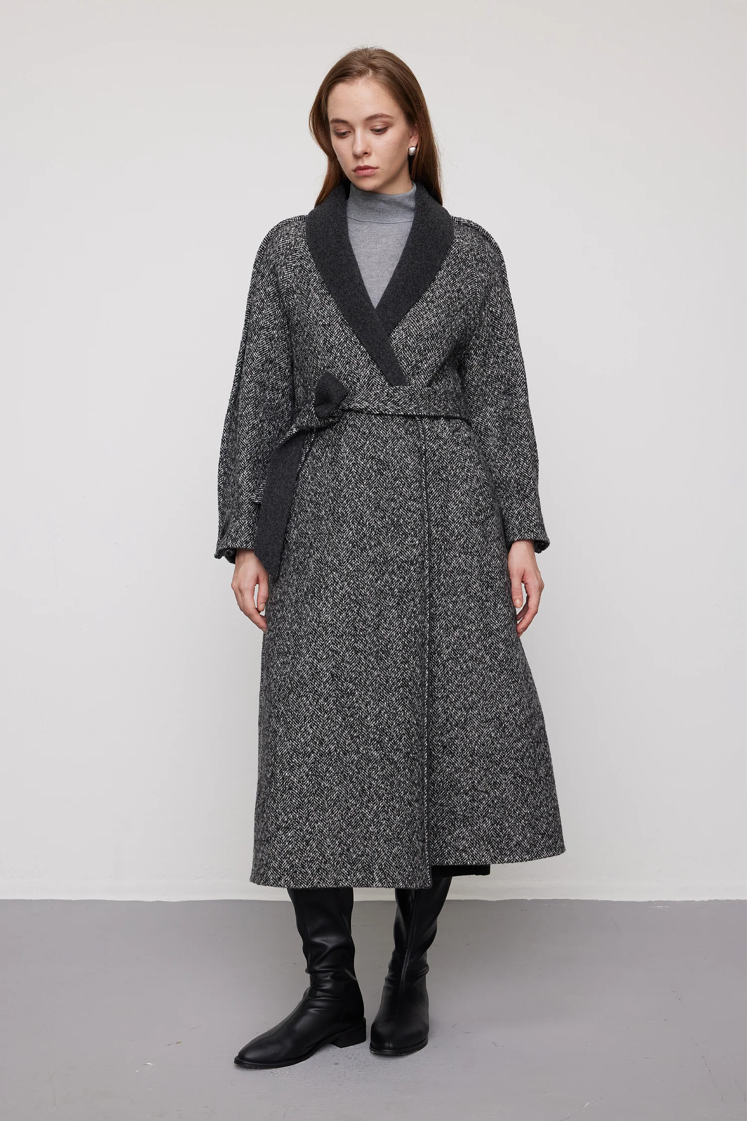 Herringbone Tweed Wool Belted Wrap Coat - MIAOOOO