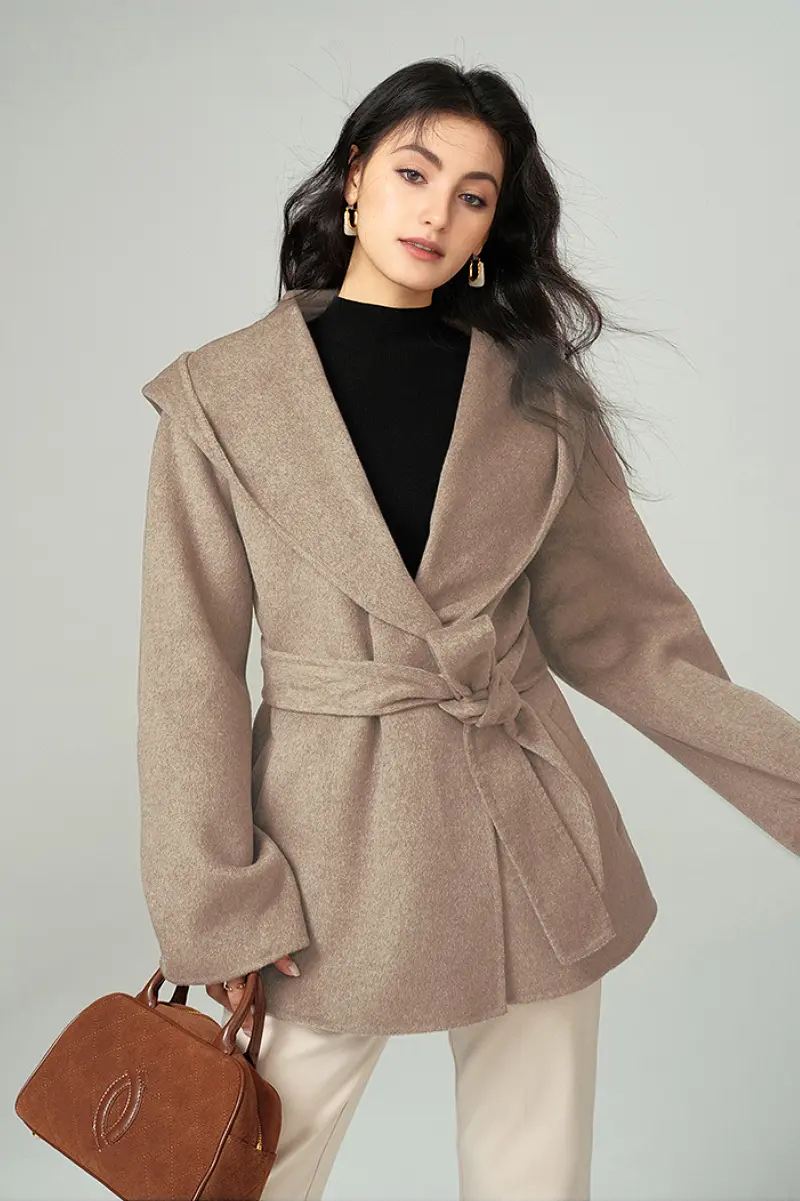 Hooded Wool Blend Wrap Coat - MIAOOOO
