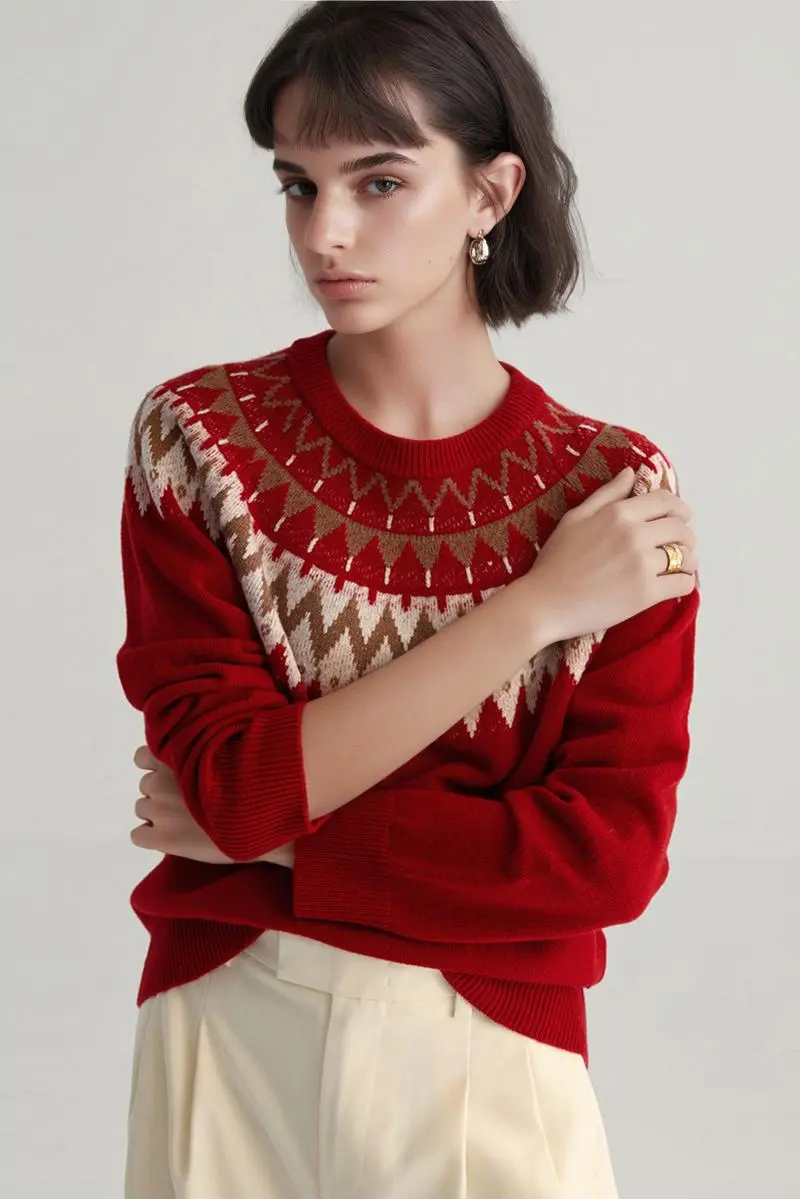 100 Wool Fair Isle Crewneck Sweater - MIAOOOO