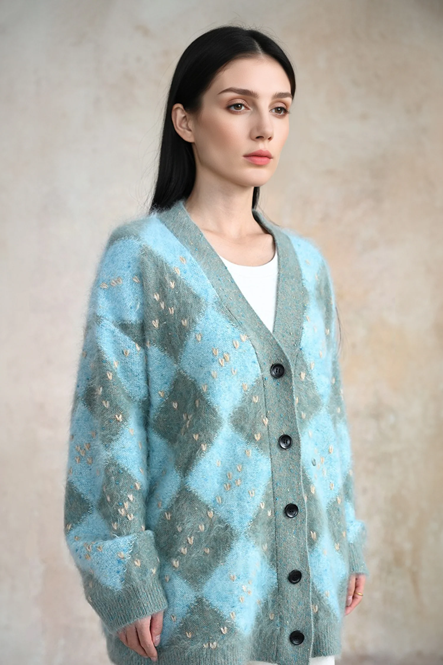 Chunky Brushed Cashmere Hand-Embroidered Argyle Cardigan - MIAOOOO