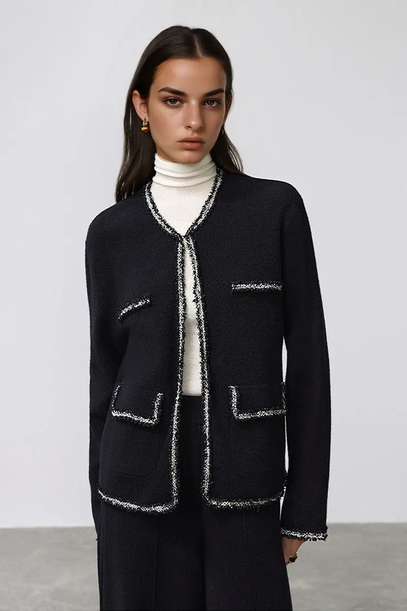 Classic French Inspired 100 Wool Crewneck Cardigan With Contrast Trim in Black - MIAOOOO