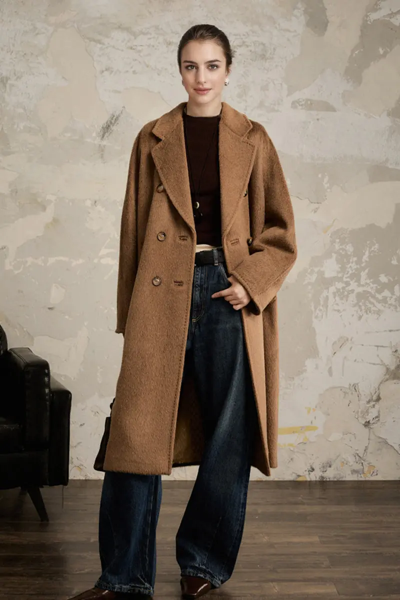 100 Peru Suri Alpaca Wool Double-Breasted Long Coat with Belt - MIAOOOO