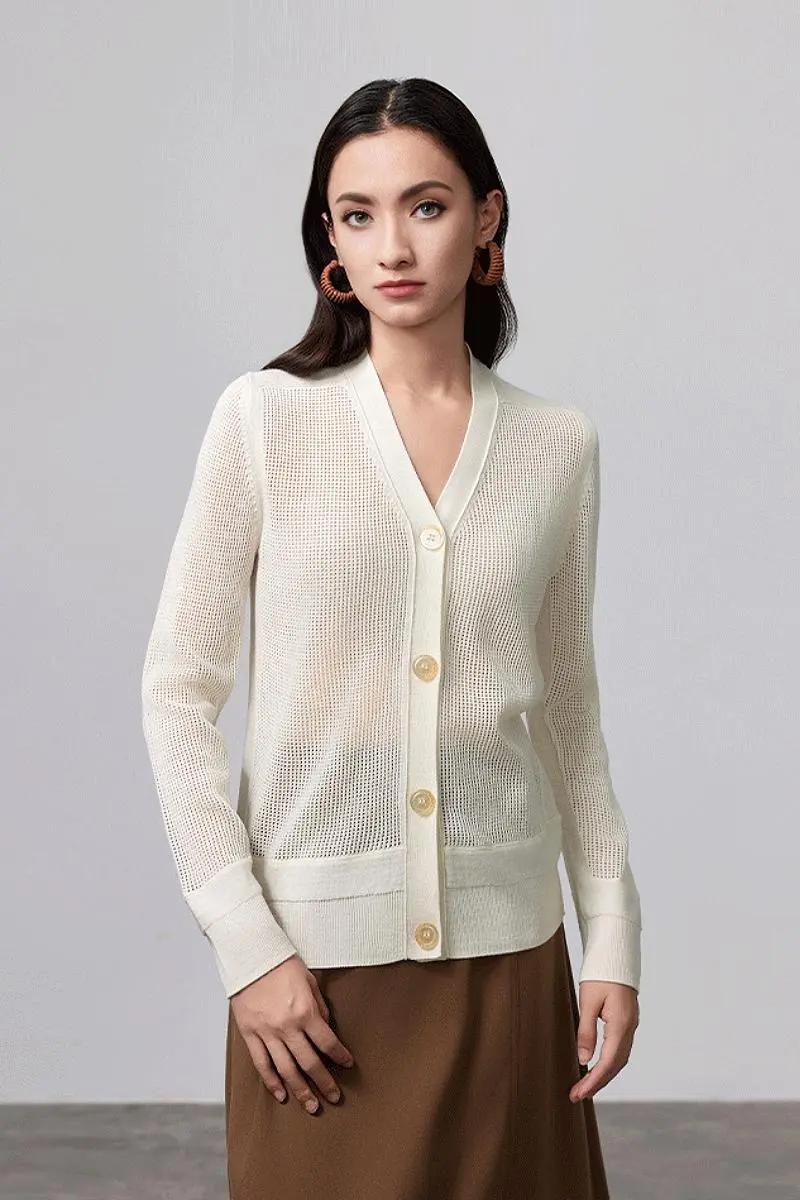 100 Merino Wool Mesh Knit V Neck Cardigan - MIAOOOO