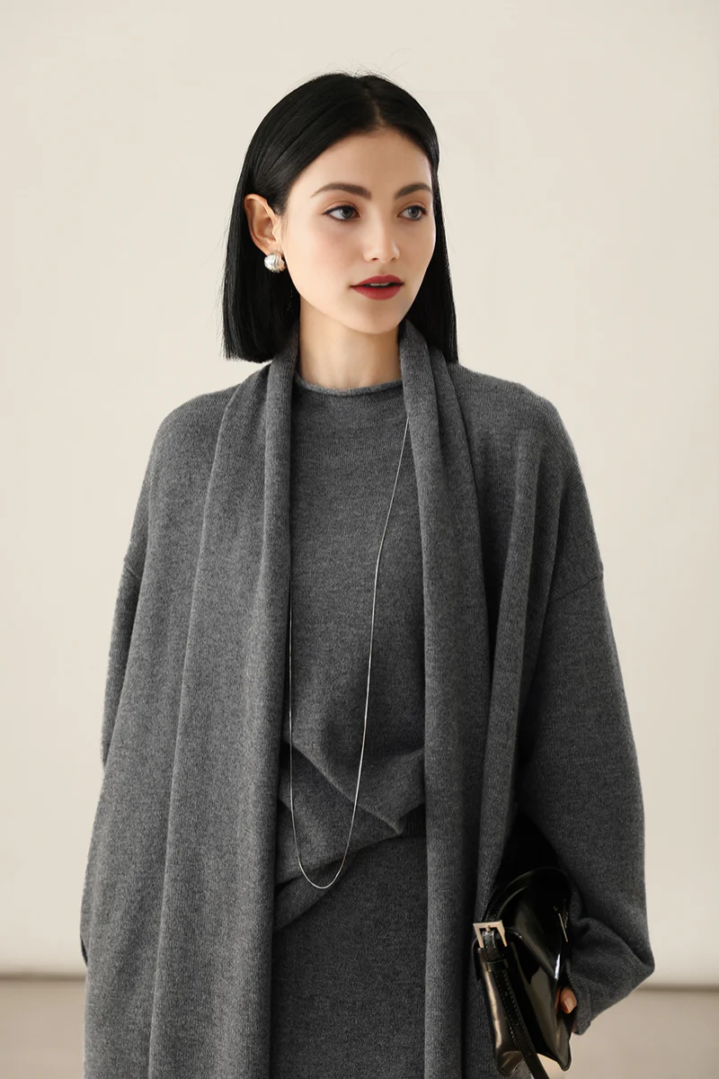Open-Front Shawl Collar Cashmere Duster Cardigan With Rolled Hem - MIAOOOO