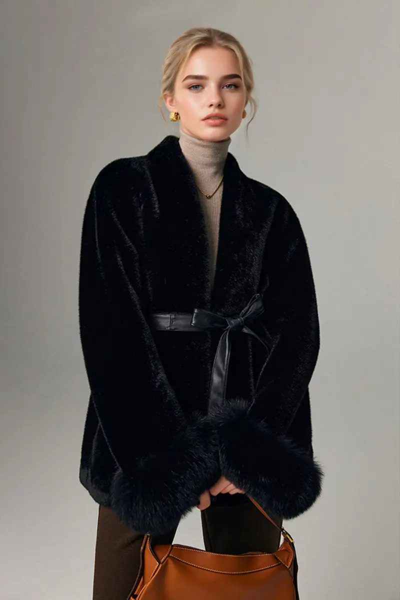 Belted Faux Mink Fur Wrap Coat with Real Fox Fur Cuff - MIAOOOO