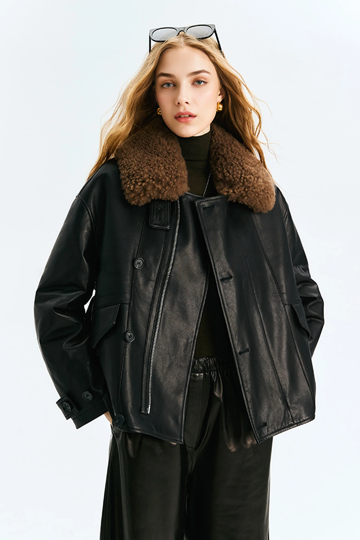 Leather Bomber Jacket with Detachable Cashmere Shearling Collar - MIAOOOO