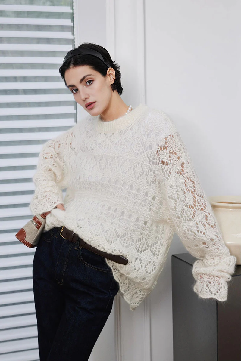 Oversized Cashmere-Silk Open Knit Crewneck Sweater - MIAOOOO