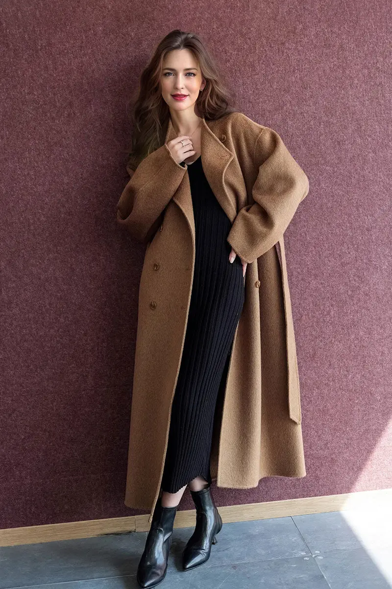 Long Australian Wool Blend Double Breasted Belted Coat with Stand-Up Collar - MIAOOOO