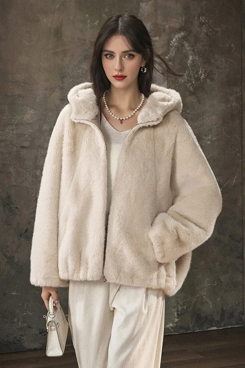 Ageless Oversized Faux Mink Fur Coat With Hood and Balloon Sleeves - MIAOOOO