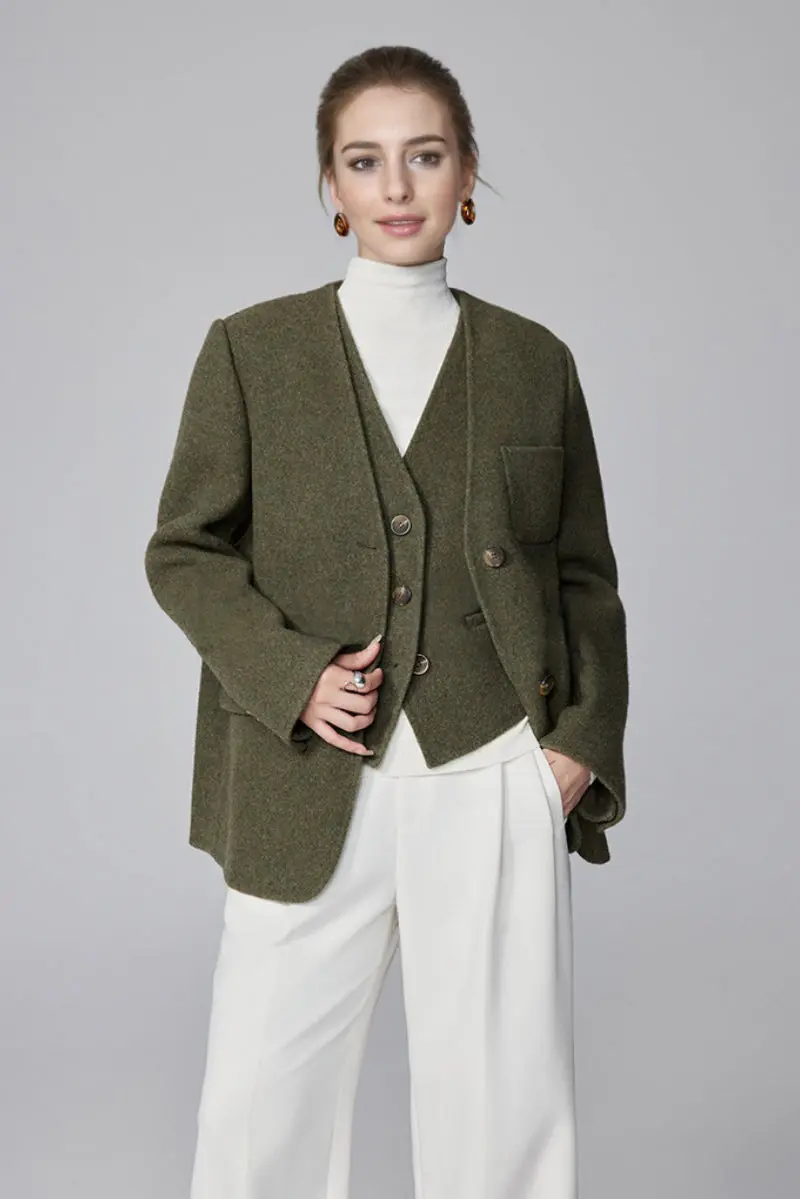 Double-Faced Silk-Camel Hair-Wool Blend V-Neck Collarless Blazer - MIAOOOO