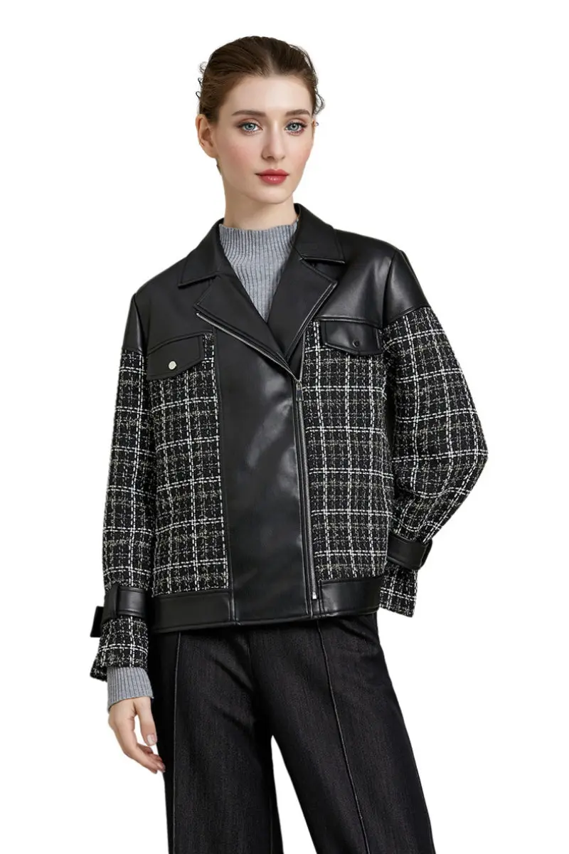 Faux Leather & Tweed Biker Jacket in Black - MIAOOOO