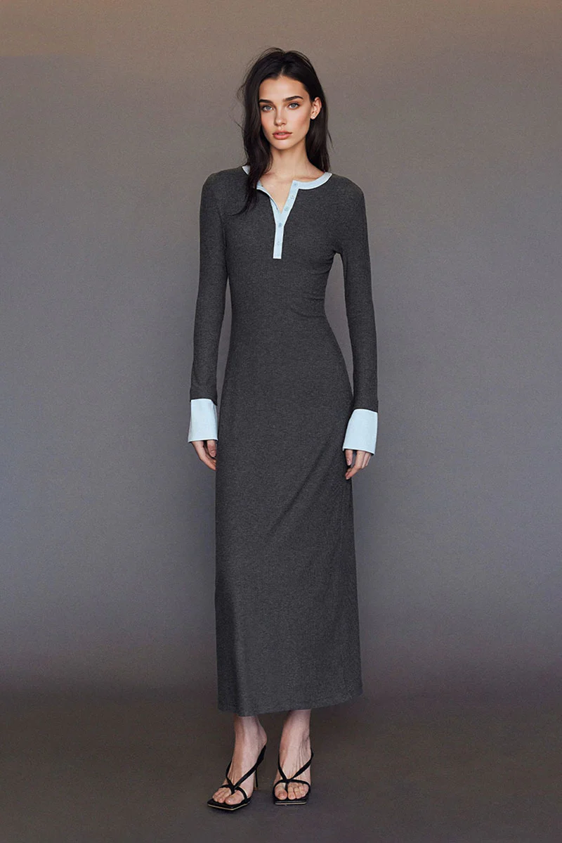 Long Sleeve Ribbed Bodycon Maxi Dress with Contrast Trim - MIAOOOO