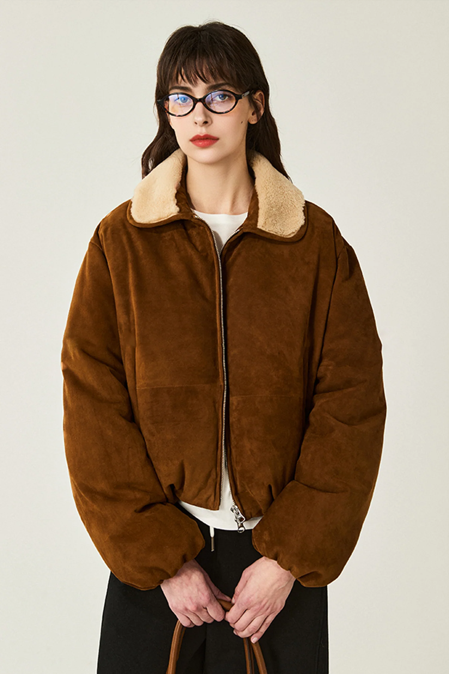 South African Suede Shearling Puffer Jacket with Merino Collar - MIAOOOO