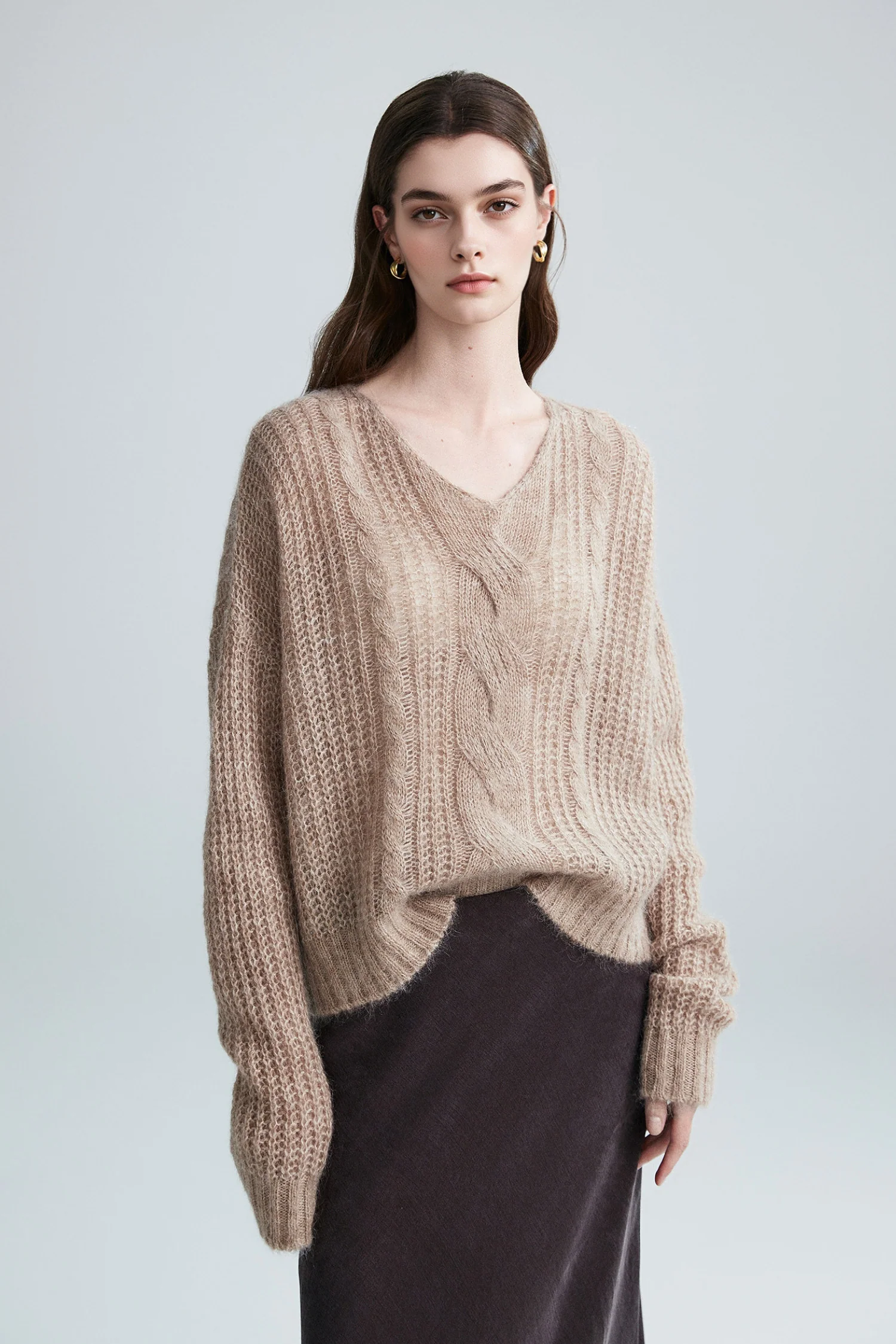 Oversized Mohair-Wool Open Knit V-Neck Cable Sweater - MIAOOOO