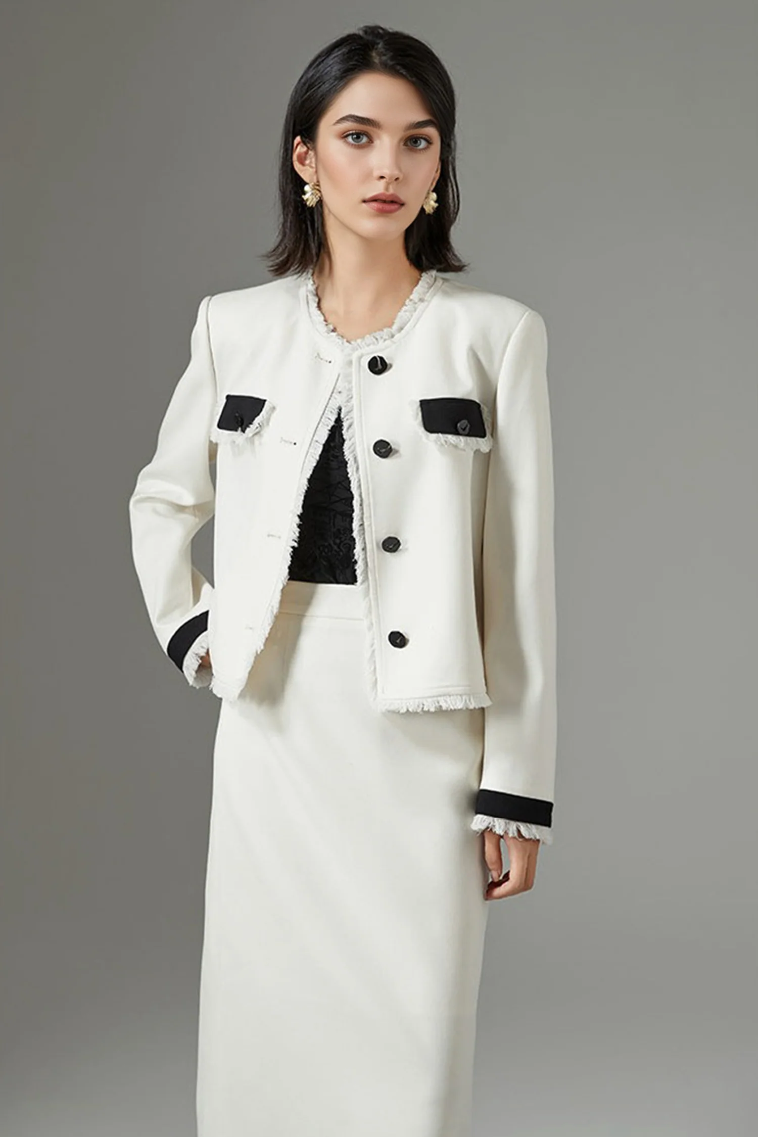 Cropped Wool-Blend Contrast-Trim Fringe Jacket - MIAOOOO