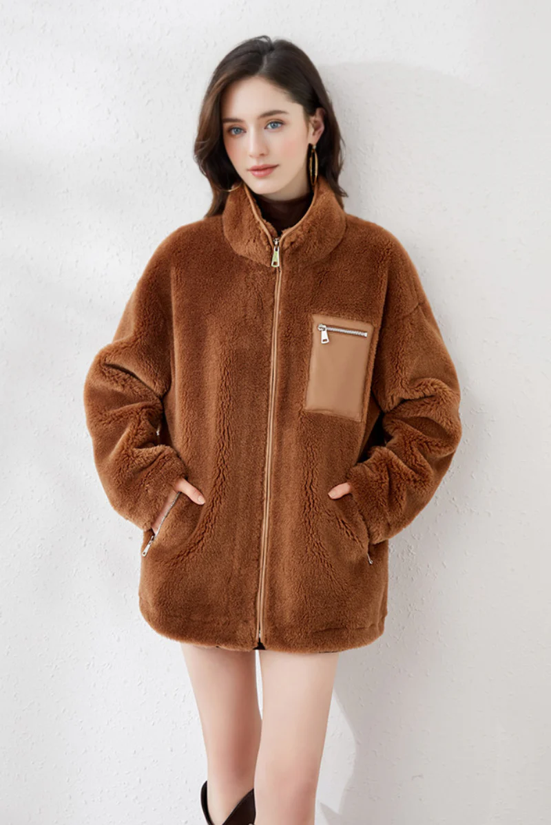 Teddy Wool Faux Shearling Funnel-Neck Jacket - MIAOOOO