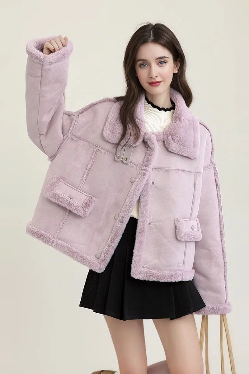 Reconstructed Faux Shearling Aviator Jacket with Fur Trim - MIAOOOO