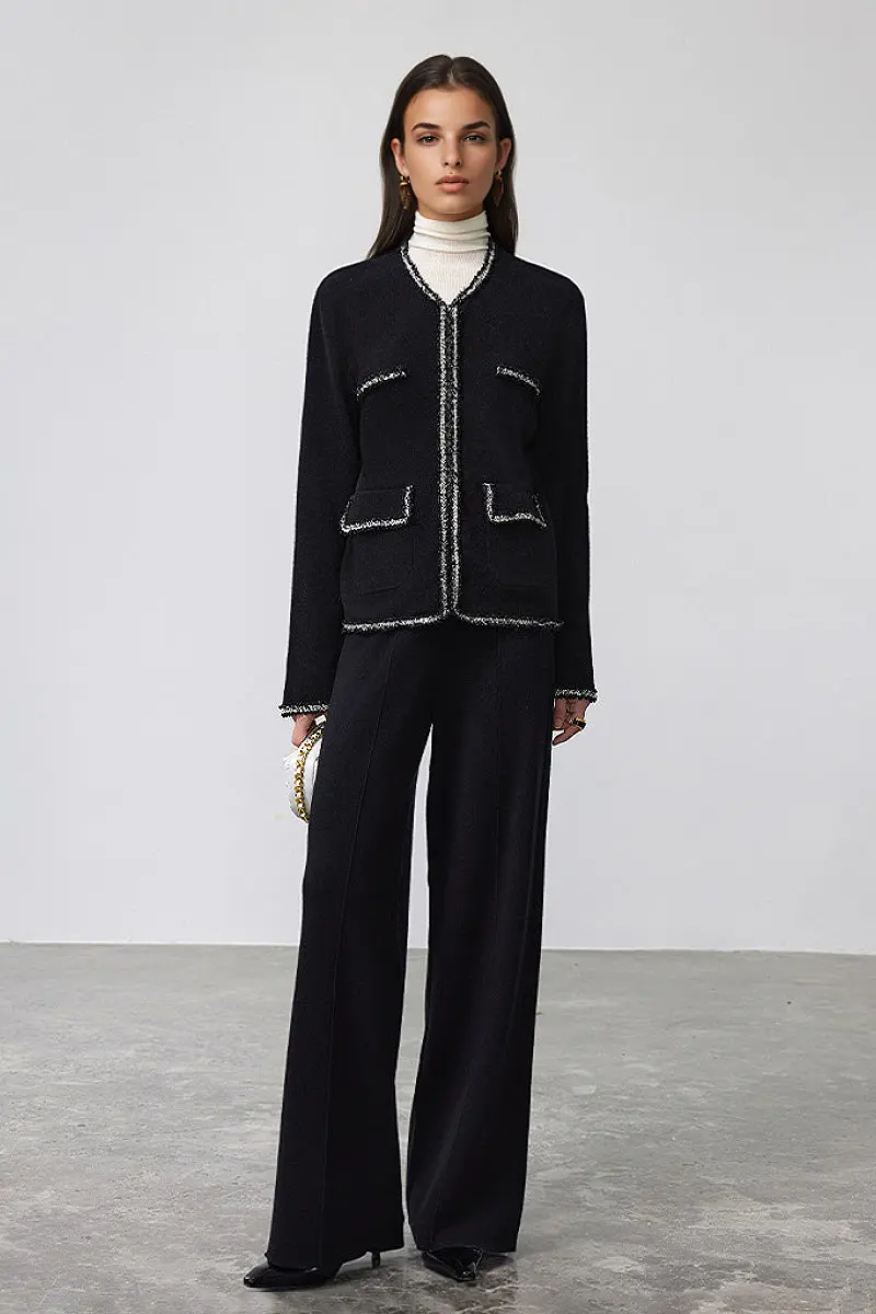 Classic French Inspired 100 Wool Crewneck Cardigan With Contrast Trim in Black - MIAOOOO