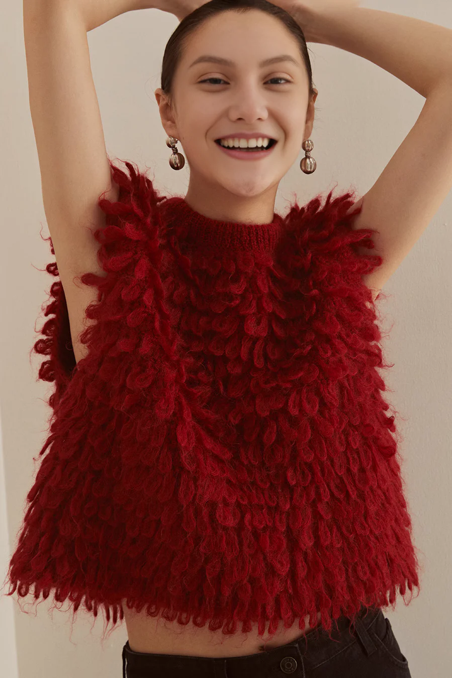 Festive Red Feather Knit Sleeveless Sweater Vest - MIAOOOO