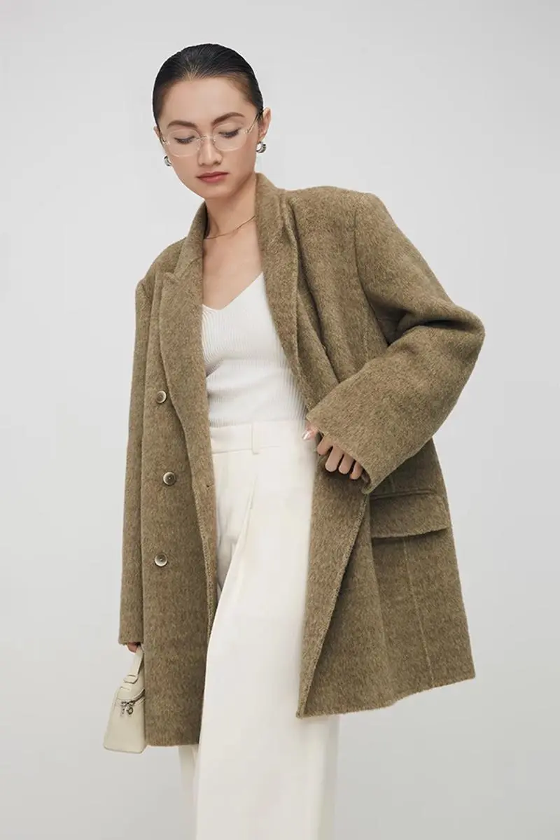 Notched Lapel Double-Breasted Wool Coat - MIAOOOO