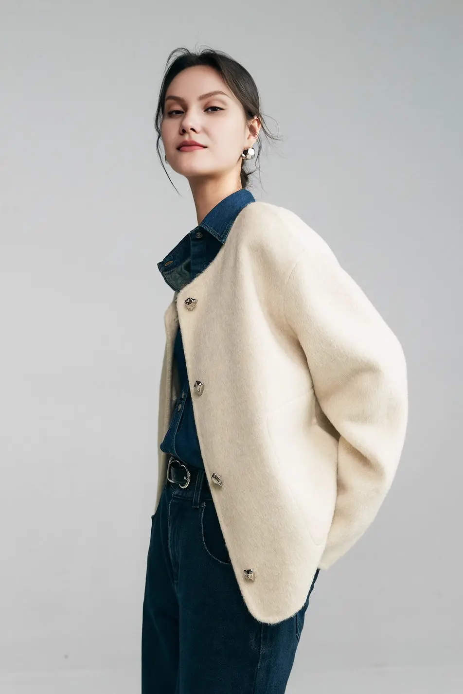Silk Wool Blend Crewneck Cropped Jacket - MIAOOOO