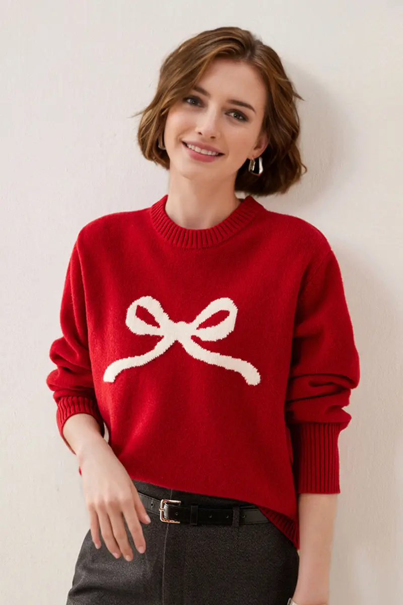 Chunky Australian Wool Crewneck Bow Sweater - MIAOOOO