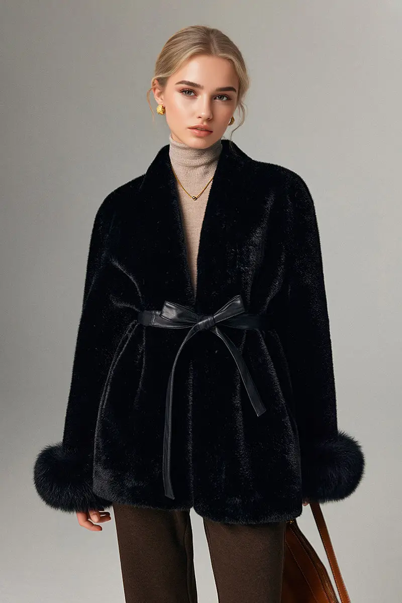 Belted Faux Mink Fur Wrap Coat with Real Fox Fur Cuff - MIAOOOO