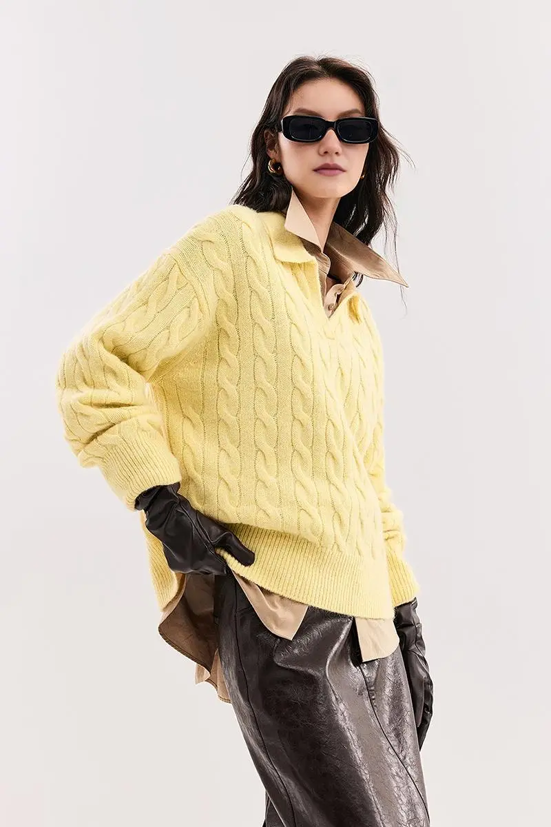 Cable-Knit Wool Blend Polo Collar Sweater - MIAOOOO