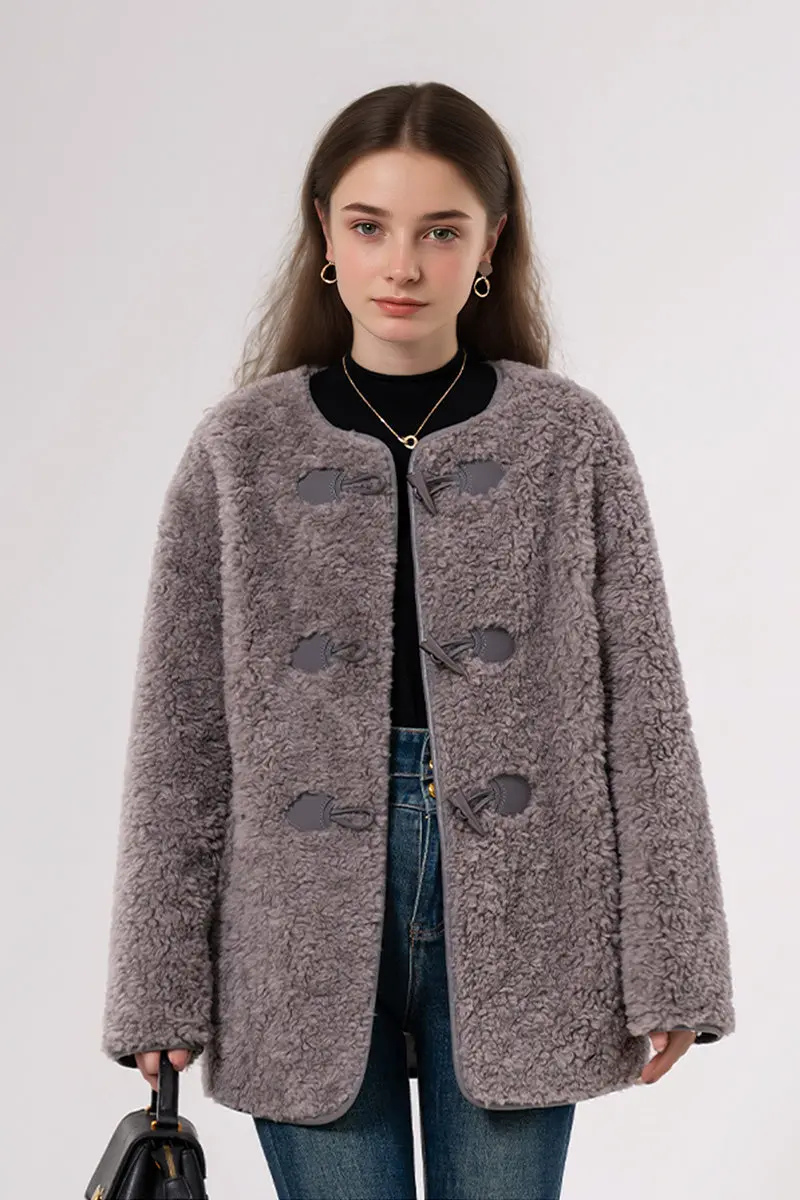 Faux Shearling Collarless Teddy Wool Toggle Coat - MIAOOOO