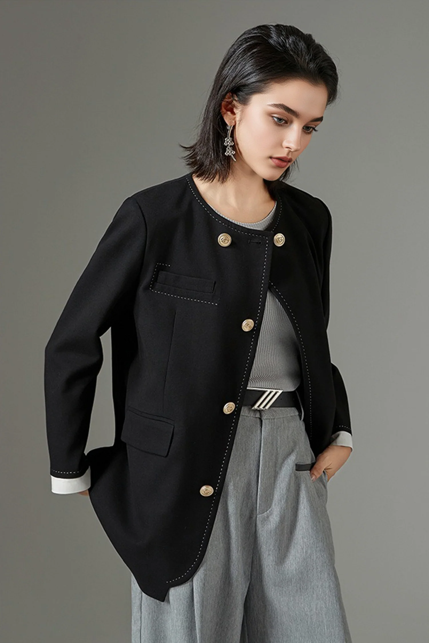 Asymmetric Collarless Wool-Blend Blazer Jacket - MIAOOOO