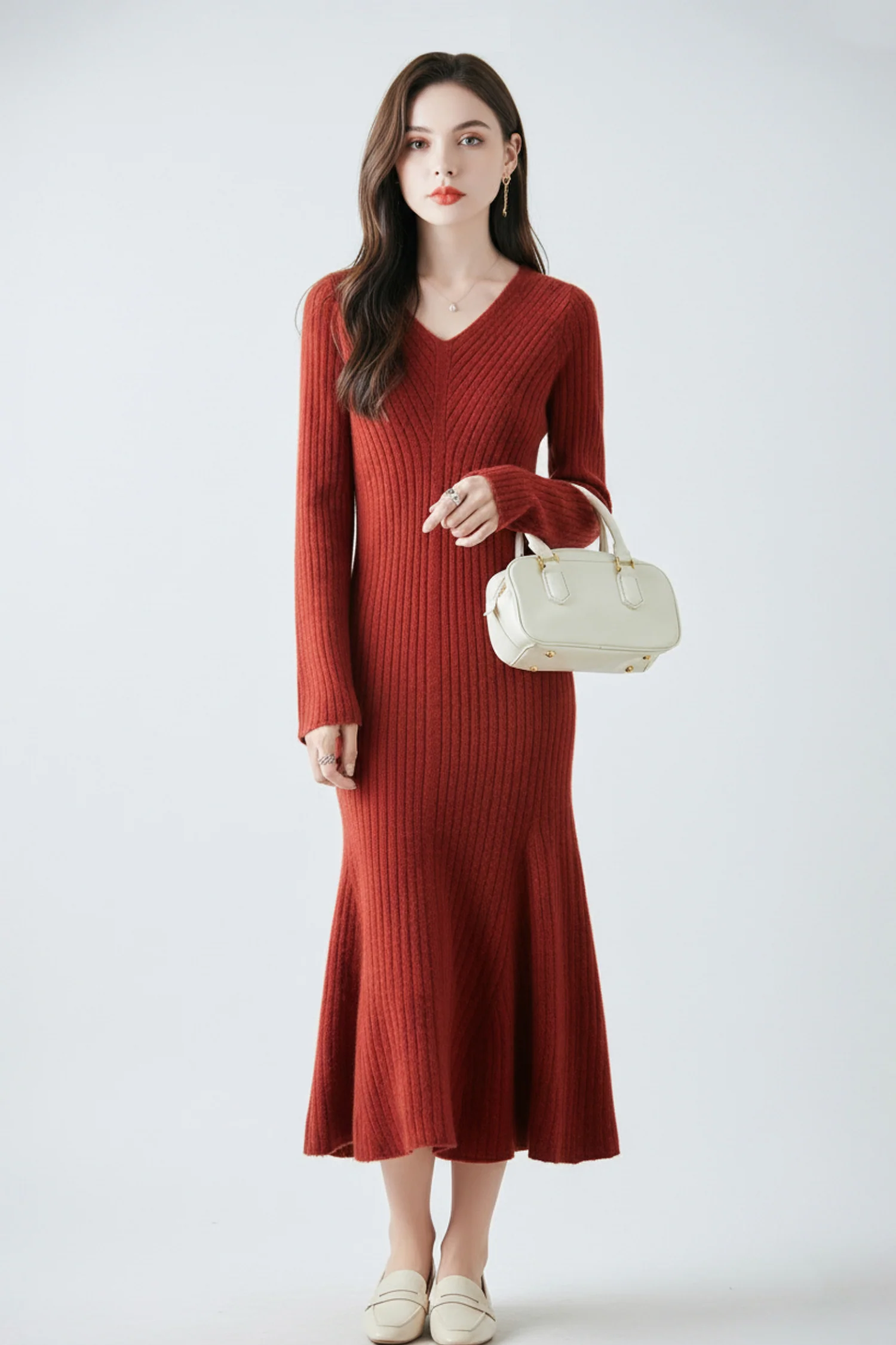 100% Wool Long Sleeve V-NecK Midi Sweater Dress - MIAOOOO