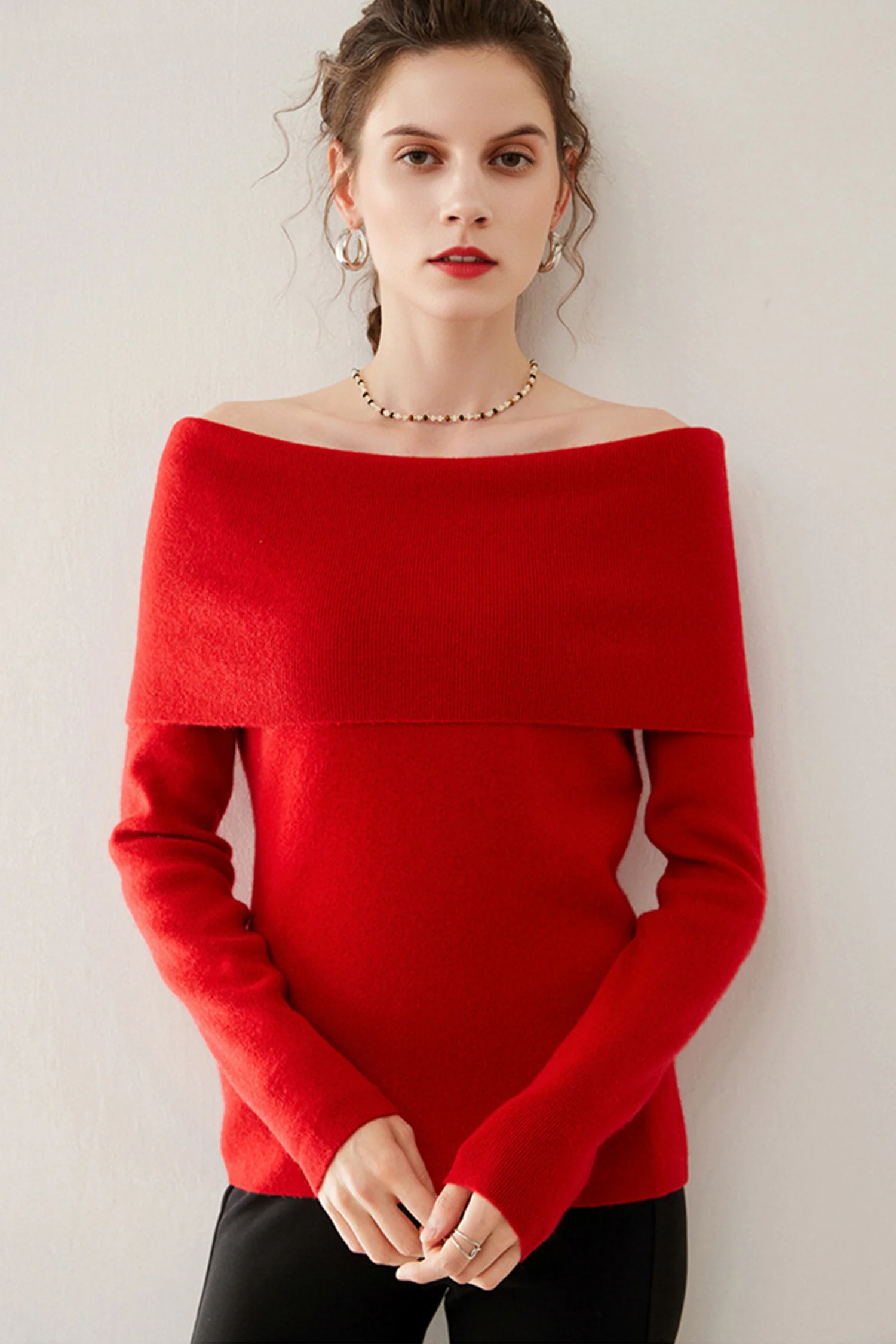 Elegant 100 Cashmere Off-the-Shoulder Sweater - MIAOOOO