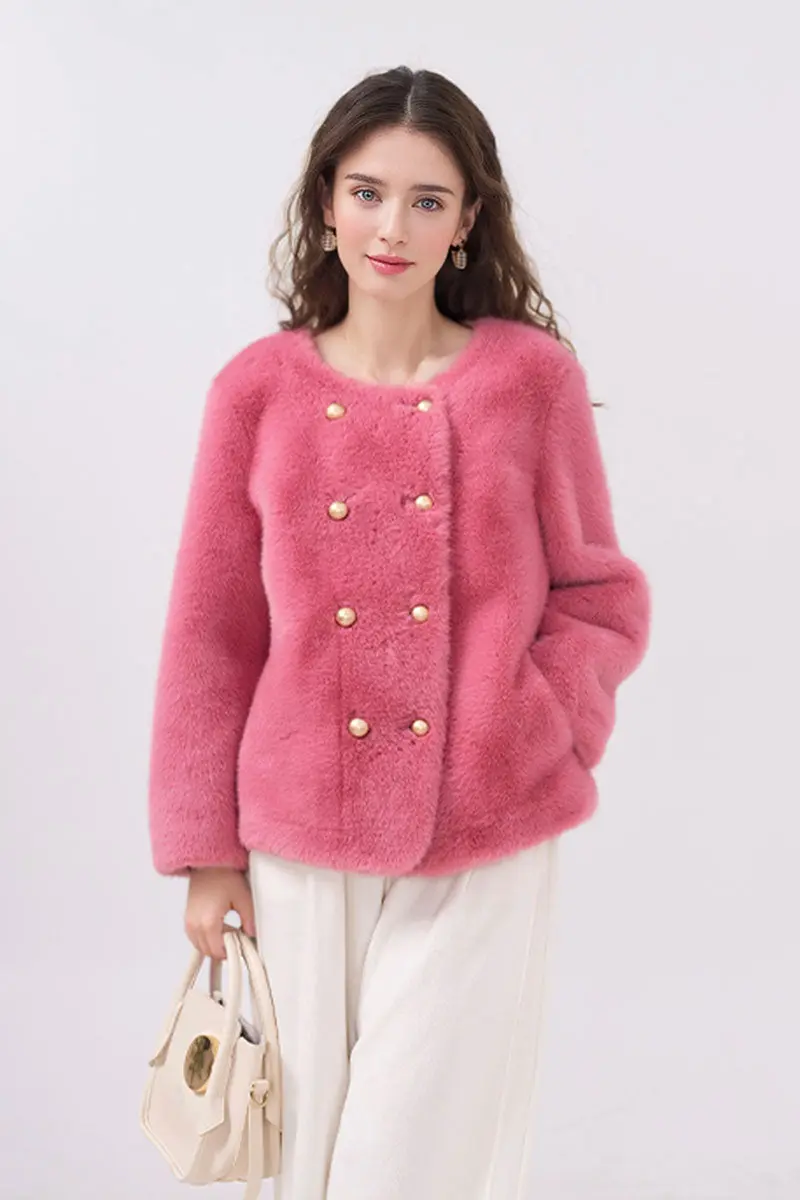 Faux Mink Fur Double Breasted Collarless Jacket - MIAOOOO